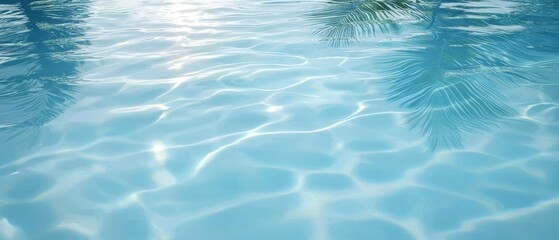 Clear blue water with gentle ripples reflecting light and palm leaves, ideal for relaxation and tranquility.