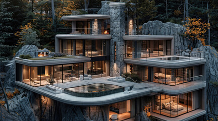 A mountain house perched on a rock, surrounded by dense forests, featuring large glass facades in every room, with an open fireplace in the center, and a private spa with a heated outdoor pool