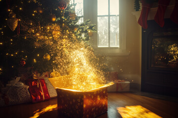 Wall Mural - Christmas gift box glowing with golden magical light sits under a christmas tree in a cozy living room