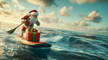 Christmas Santa on a paddle board rowing across a tropical sea or ocean , tropical resort, empty space.