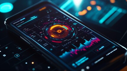 Fototapete - a smartphone showcases a dynamic data analytics interface featuring bright, colorful graphs and metr
