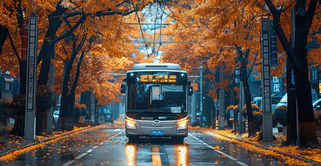 bus in the city, trees on both sides of the road, autumn scenery with yellow leaves, leaves flying i