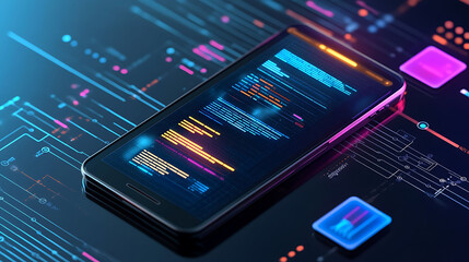 A smartphone with a screen displaying code and glowing in neon colors, sits on a futuristic background with circuit board patterns.
