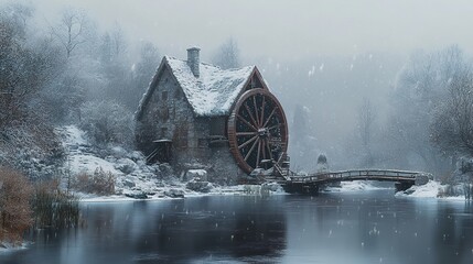 Canvas Print - Snowy Watermill in a Tranquil Forest Landscape