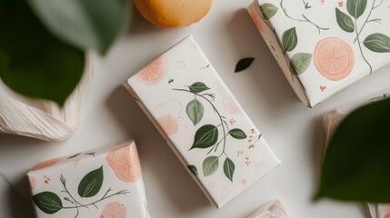 Poster - A collection of intricately packed soap bars featuring floral designs rests on a wooden table, accompanied by fresh citrus fruits and greenery, creating a serene and inviting atmosphere.