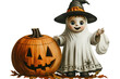 © john - illustration vintage Halloween kid and ghost clipart on isolated transparent background