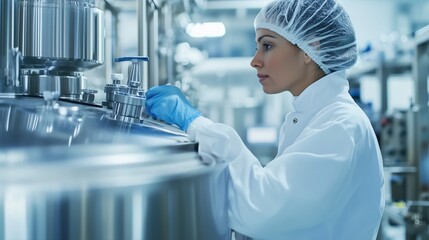 Sticker - Lab technician monitors equipment in a clean room at a pharmaceutical manufacturing facility during daytime operations