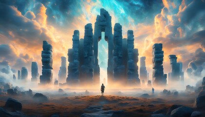 Mysterious Figures Surrounding an Ancient Temple in a Captivating Digital Artwork