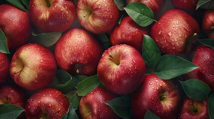 Close up of fresh red apple fruit background with leaves, top view. Photorealistic high resolution macro photography for advertising or food design.