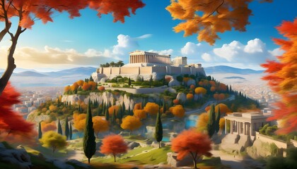 Wall Mural - Tranquil autumn vista of the ancient Acropolis in Athens surrounded by vibrant fall foliage