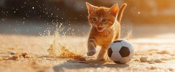 Ginger kitten playing with soccer ball on sandy beach. Pet summer activities and playful feline behavior concepts