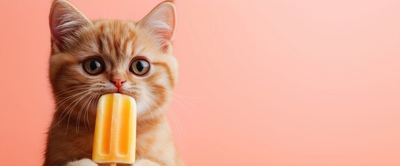 Ginger cat biting yellow popsicle on pink background. Pet summer treats and humorous feline behavior concepts