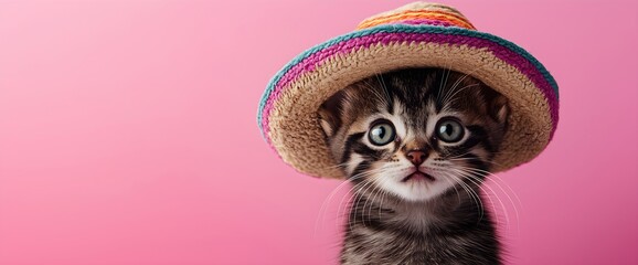 Adorable tabby kitten wearing colorful sombrero on pink background. Pet costume ideas and summer holiday concepts. Place for text