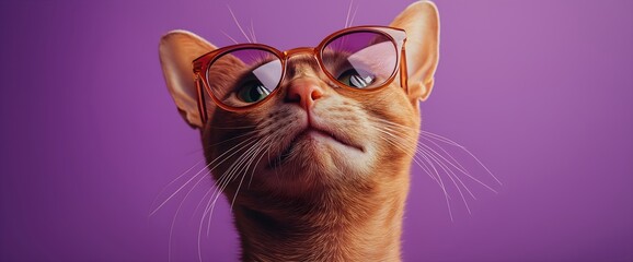 Stylish ginger cat wearing trendy glasses on purple background for pet fashion and optical industry marketing