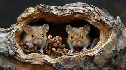 Poster - Two Adorable Mice Peeking Out of a Tree Trunk