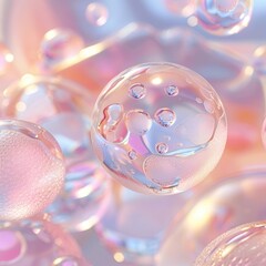 Close-up of skin cells with hydrating serum droplets, abstract skincare concept, soft pastel colors, glowing smooth texture, 3D rendering