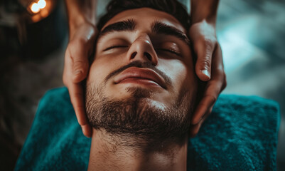 Young man having facial massage for skin rejuvenation