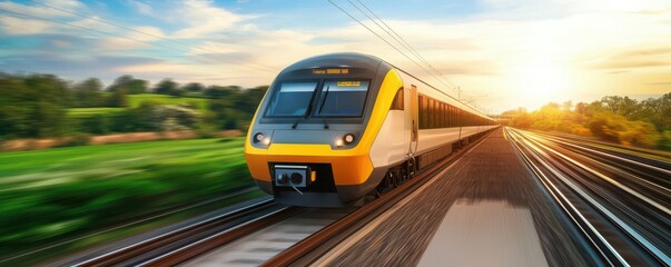 Futuristic electric train speeding through a green landscape, representing high-capacity electromobility solutions in long-distance transportation