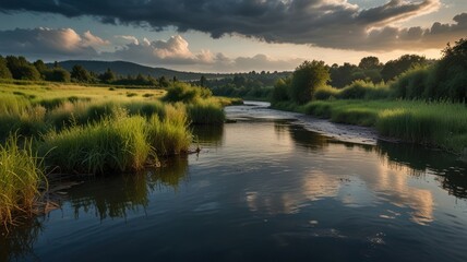 Poster - A tranquil river meanders through a lush green meadow, with a dramatic sky above casting a golden glow on the water.