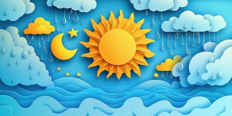 colorful paper art depicting a vibrant sun alongside rainy clouds and a crescent moon, illustrating 