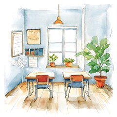 Sticker - Watercolor Painting of a Classroom Interior with Two Desks and Chairs.