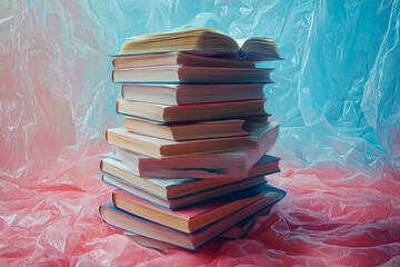 Poster - A stack of scientific journals and research papers, floating on a pastel backdrop,