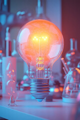 Poster - A glowing lightbulb above a laboratory desk, symbolizing new scientific ideas, on a pastel background,
