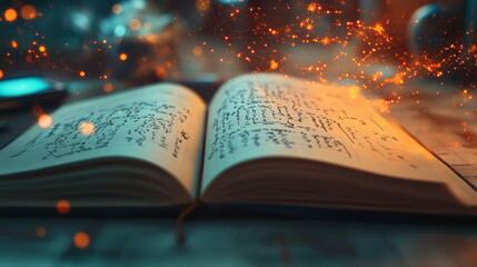 Leinwandbilder - A scientistâ€™s notepad with handwritten equations, floating on a light pastel surface,