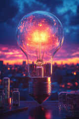Poster - A glowing lightbulb above a laboratory desk, symbolizing new scientific ideas, on a pastel background,