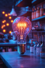 Poster - A glowing lightbulb above a laboratory desk, symbolizing new scientific ideas, on a pastel background,