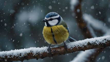 Wall Mural - A blue tit perches on a snow-covered branch in a wintery forest, with falling snow in the background.