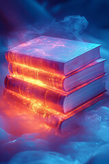 Leinwandbilder - A stack of open books with a glowing bookmark, symbolizing self-study, floating on a pastel background,