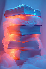 Poster - A stack of open books with a glowing bookmark, symbolizing self-study, floating on a pastel background,