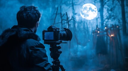 Poster - A photographer stands amidst a foggy forest, capturing the mesmerizing view of a bright full moon illuminating the dark trees. The atmosphere is ethereal, creating a magical ambiance.