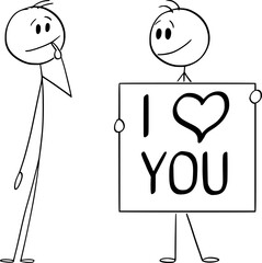 Sticker - Gay man holding I love you sign and looking at another man, vector cartoon stick figure or character illustration.