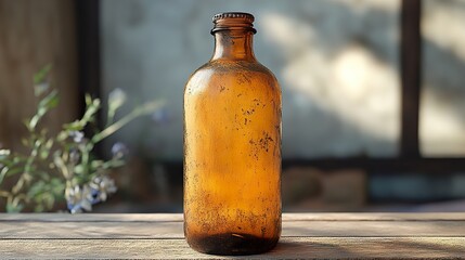 Poster - Vintage Glass Bottle on Rustic Wooden Table