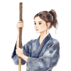 Sticker - Watercolor Illustration of a Woman in a Blue Kimono Holding a Wooden Staff.