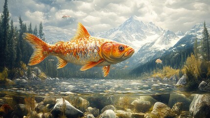 Wall Mural - Koi Fish Leaping Over Mountain Lake