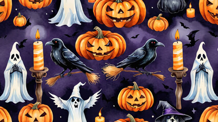 Hellowen seamless pattern. Watercolor hand drawn endless texture. Gothic and scarry festive ornament. Helloween decorations, pumpkins, witch, candle, raven, ghost, broom.