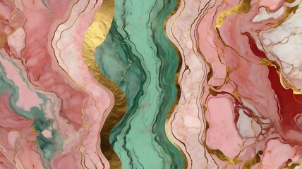 light pink green red marble pattern with curly gold inclusions. Abstract texture and background