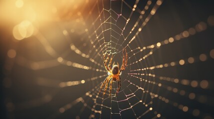 A macro shot of a spider navigating its intricate web, illuminated by warm, golden light, showcasing nature's craftsmanship.