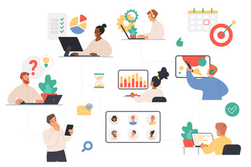 Wall Mural - Project and team management, office workflow organization system in corporate company. Tiny people communicate and work with laptop and tablet, presentation charts cartoon vector illustration