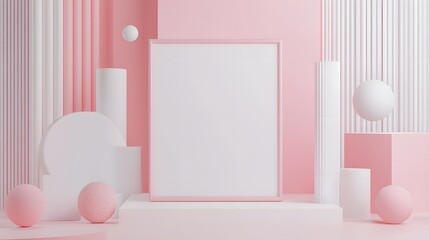 3d rendering white pink scene blank frame user interface abstract geometric shape. 