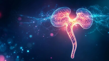 Poster - A glowing representation of a human kidney features vibrant colors and abstract digital elements, set against a dark background