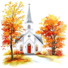 Wall Mural - Watercolor Illustration of a Church with Autumn Trees.