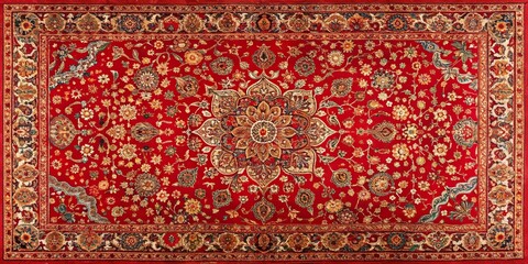 wide-angle bright red oriental pattern ornament vintage carpet