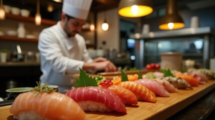 Japanese Chef Plating Exquisite Sushi: A Celebration of Asian Tradition and Gourmet Excellence