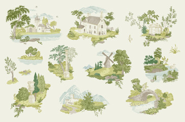 Wall Mural - Set. Woodland. Toile inspired. Vector vintage illustration. Colorful