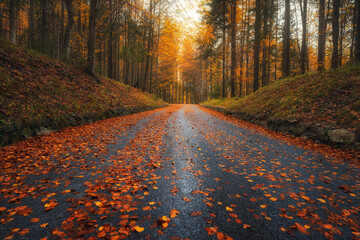 Wall Mural - fallen leaves covering a road in beautiful forest in autumn