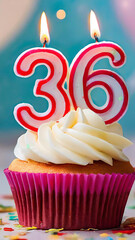 Birthday cupcake with burning lit candle with number 36. Number thirtysix for thirtysix years or thirtysixth anniversary.